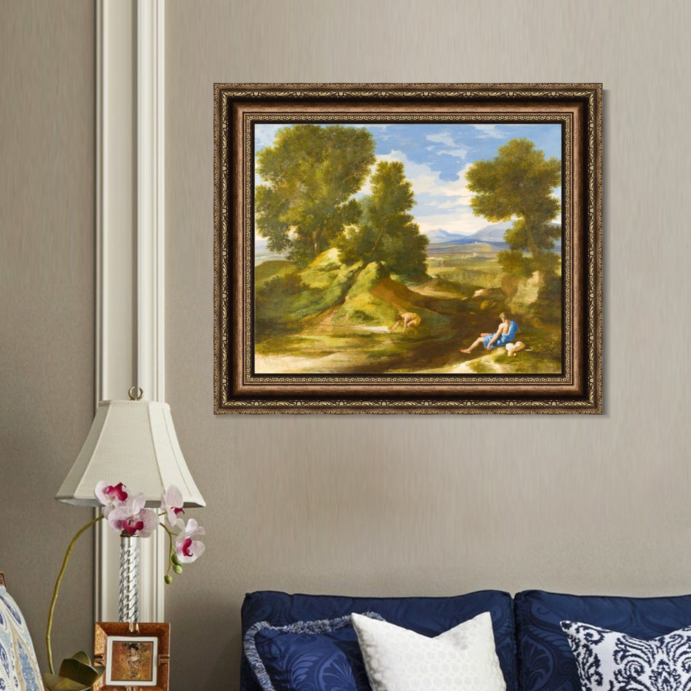INVIN ART Framed Canvas Art Giclee Print Landscape with a Man scooping Water from a Stream by Nicolas Poussin Wall Art