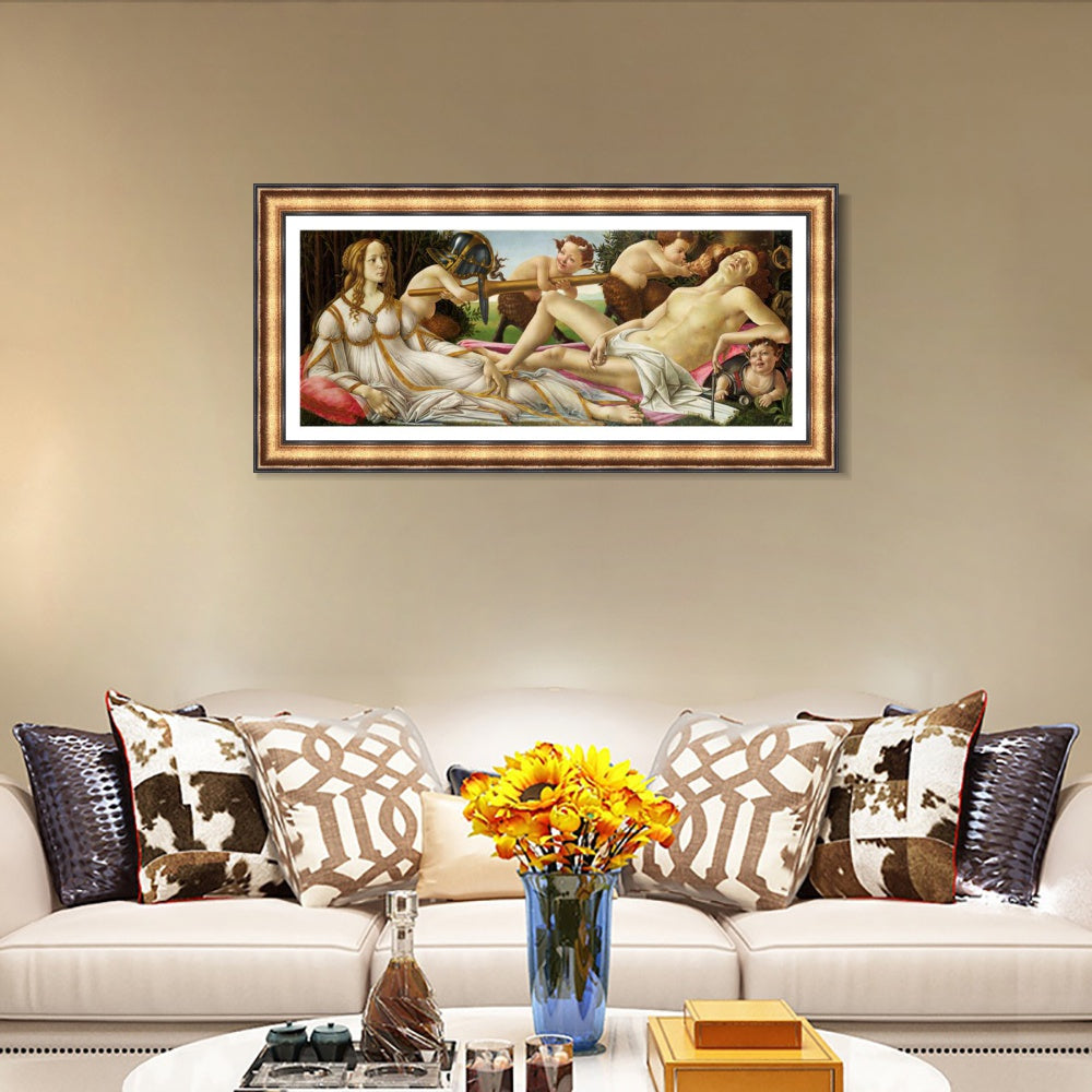 INVIN ART Framed Canvas Art Giclee Print Venus and Mars by Sandro Botticelli Wall Art (European Retro Golden Frame with Linen Liner,22"x48")