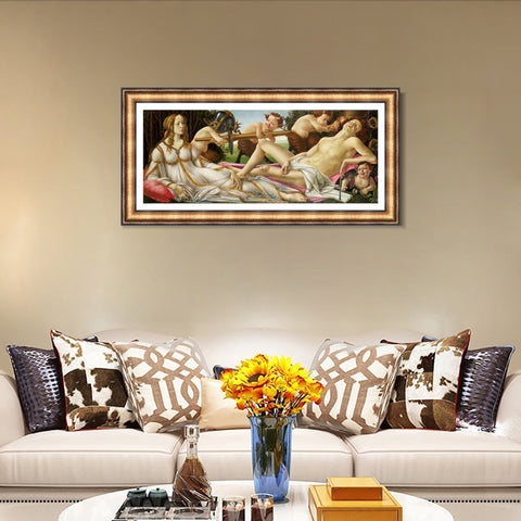 INVIN ART Framed Canvas Art Giclee Print Venus and Mars by Sandro Botticelli Wall Art Living Room Home Office Decorations(European Retro Golden Frame with Linen Liner,22"x48")