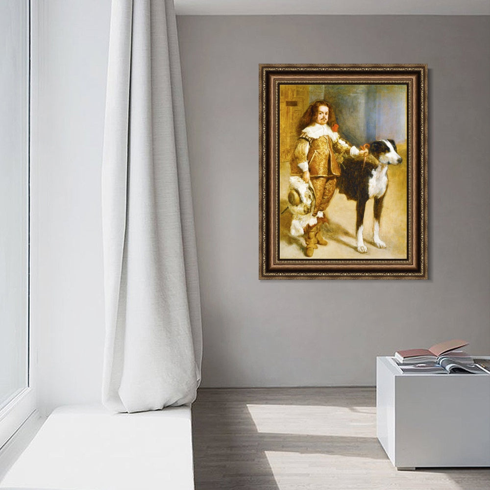 INVIN ART Framed Canvas Art Giclee Print Portrait of jester with dog by the Christian Soul by Diego Velazquez Wall Art