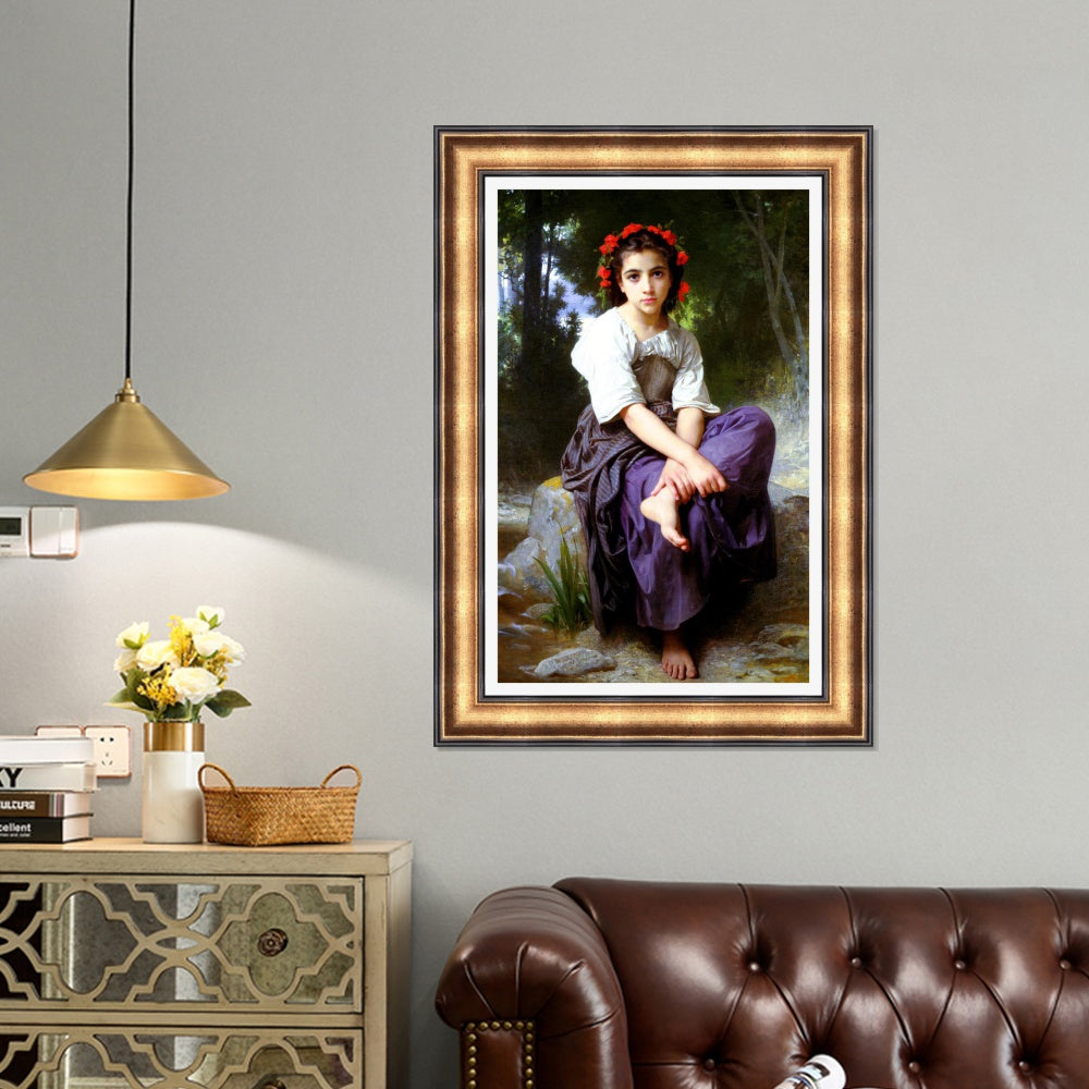 INVIN ART Framed Canvas Art Giclee Print Little Girl With Flowers in Her Hair,At the Edge of the Brook by William Adolphe Bouguereau