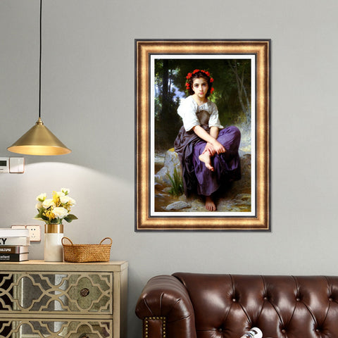 INVIN ART Framed Canvas Art Giclee Print Little Girl With Flowers in Her Hair,At the Edge of the Brook by William Adolphe Bouguereau
