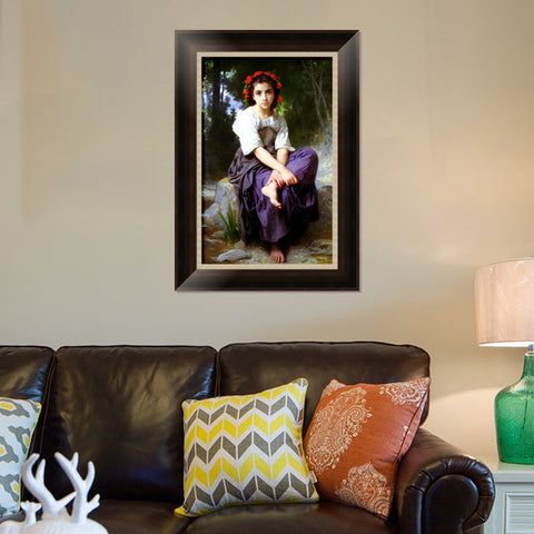 INVIN ART Framed Canvas Art Giclee Print Little Girl With Flowers in Her Hair,At the Edge of the Brook by William Adolphe Bouguereau