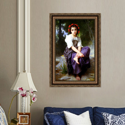 INVIN ART Framed Canvas Art Giclee Print Little Girl With Flowers in Her Hair,At the Edge of the Brook by William Adolphe Bouguereau