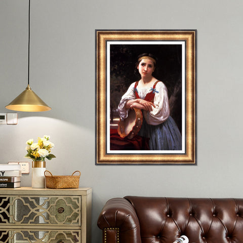INVIN ART Framed Canvas Art Giclee Print Gypsy Girl with a Basque Drum by William Adolphe Bouguereau Wall Art Living Room Home Office Decorations