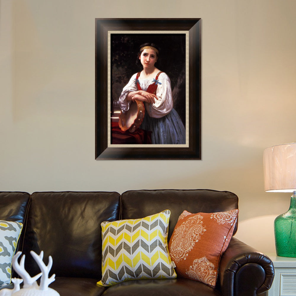 INVIN ART Framed Canvas Art Giclee Print Gypsy Girl with a Basque Drum by William Adolphe Bouguereau Wall Art Living Room Home Office Decorations