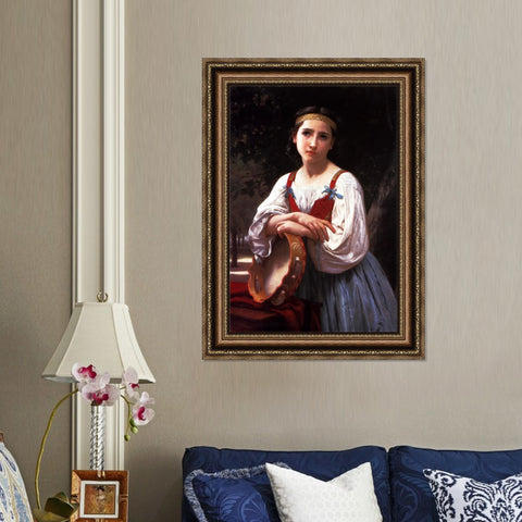 INVIN ART Framed Canvas Art Giclee Print Gypsy Girl with a Basque Drum by William Adolphe Bouguereau Wall Art Living Room Home Office Decorations
