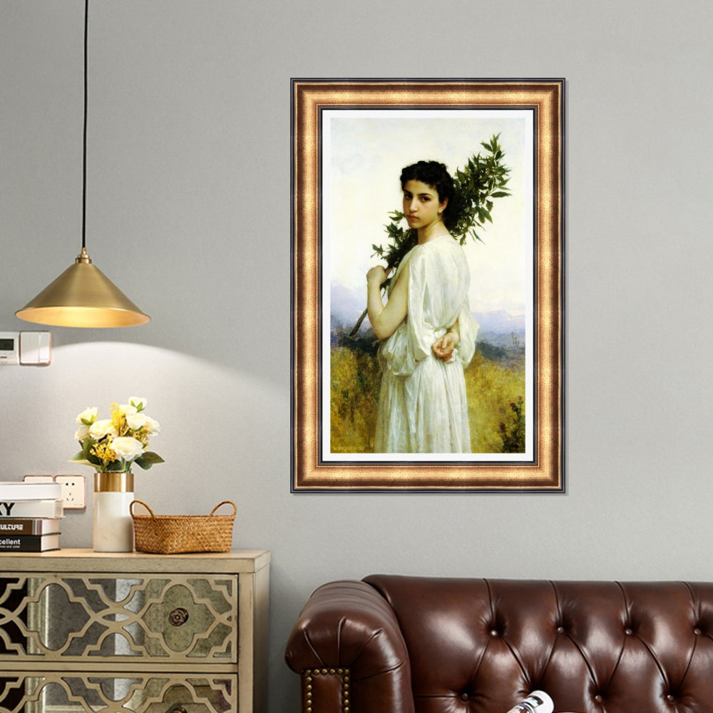 INVIN ART Framed Canvas Art Giclee Print Young Woman Holding A Laurel Branch by William Adolphe Bouguereau Wall Art Living Room Home Office Decorations