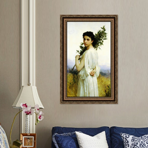INVIN ART Framed Canvas Art Giclee Print Young Woman Holding A Laurel Branch by William Adolphe Bouguereau Wall Art Living Room Home Office Decorations