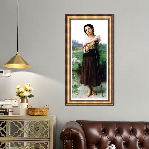 INVIN ART Framed Canvas Art Giclee Print Young Shepherdess Standing by William Adolphe Bouguereau Wall Art Living Room Home Office Decorations