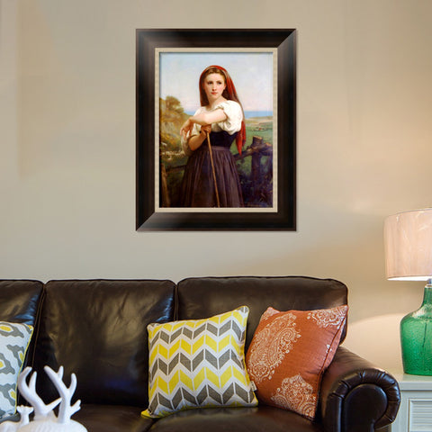 INVIN ART Framed Canvas Art Giclee Print Young Shepherdess,1868 by William Adolphe Bouguereau Wall Art Living Room Home Office Decorations