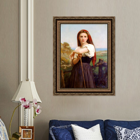 INVIN ART Framed Canvas Art Giclee Print Young Shepherdess,1868 by William Adolphe Bouguereau Wall Art Living Room Home Office Decorations