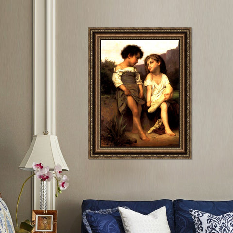 INVIN ART Framed Canvas Art Giclee Print At the Edge of the Brook by William Adolphe Bouguereau Wall Art Living Room Home Office Decorations