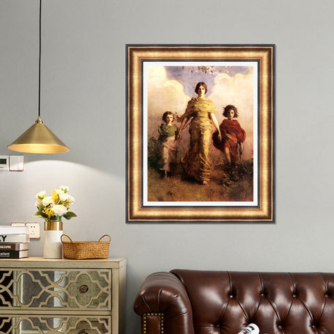 INVIN ART Framed Canvas Art Giclee Print woman holding 2 children by William Adolphe Bouguereau Wall Art Living Room Home Office Decorations