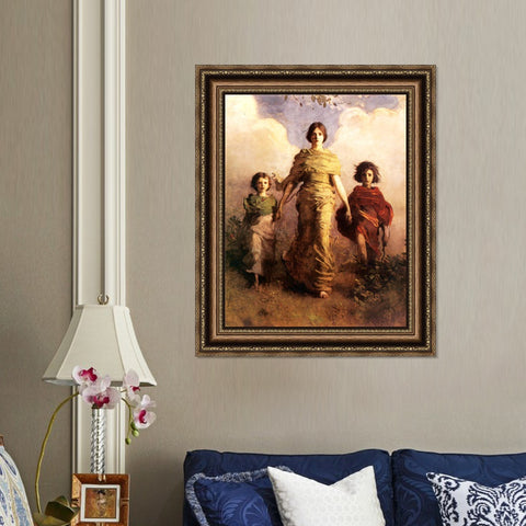 INVIN ART Framed Canvas Art Giclee Print woman holding 2 children by William Adolphe Bouguereau Wall Art Living Room Home Office Decorations