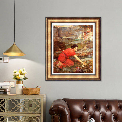 INVIN ART Framed Canvas Art Giclee Print maidens picking flowers by William Adolphe Bouguereau Wall Art Living Room Home Office Decorations
