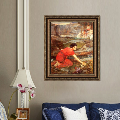INVIN ART Framed Canvas Art Giclee Print maidens picking flowers by William Adolphe Bouguereau Wall Art Living Room Home Office Decorations