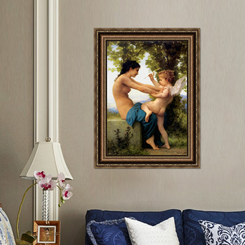 INVIN ART Framed Canvas Art Giclee Print A Young Girl Defending Herself Against Eros (1880) by William Adolphe Bouguereau Wall Art Living Room Home Office Decorations