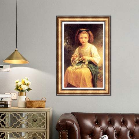 INVIN ART Framed Canvas Art Giclee Print Child Braiding A Crown (1874) by William Adolphe Bouguereau Wall Art Living Room Home Office Decorations