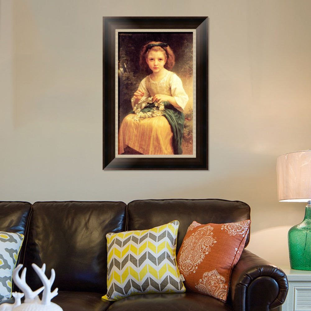 INVIN ART Framed Canvas Art Giclee Print Child Braiding A Crown (1874) by William Adolphe Bouguereau Wall Art Living Room Home Office Decorations