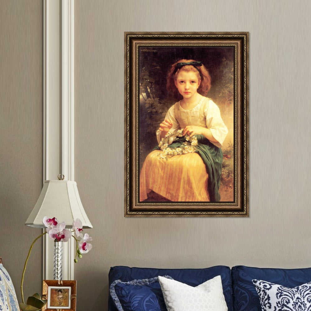 INVIN ART Framed Canvas Art Giclee Print Child Braiding A Crown (1874) by William Adolphe Bouguereau Wall Art Living Room Home Office Decorations