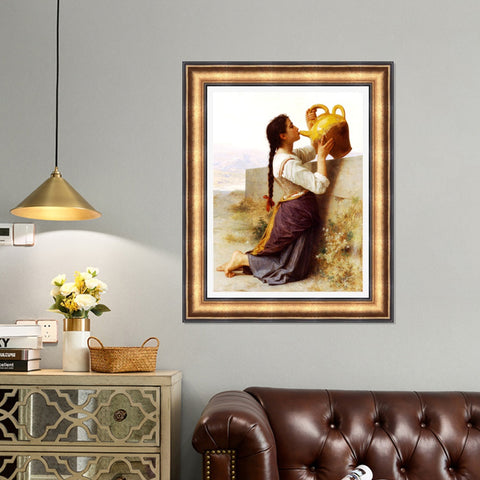 INVIN ART Framed Canvas Art Giclee Print Thirst by a Wall, Drinking Water From a Jar by William Adolphe Bouguereau