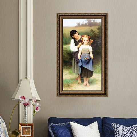 INVIN ART Framed Canvas Art Giclee Print Crown of Flowers by William Adolphe Bouguereau Wall Art Living Room Home Office Decorations