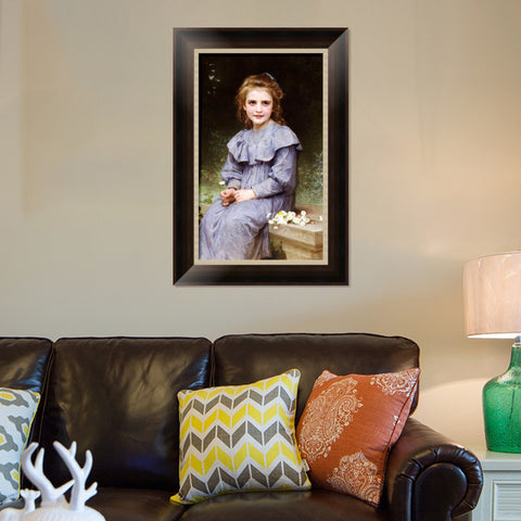 INVIN ART Framed Canvas Art Giclee Print Seated girl with flower by William Adolphe Bouguereau Wall Art Living Room Home Office Decorations