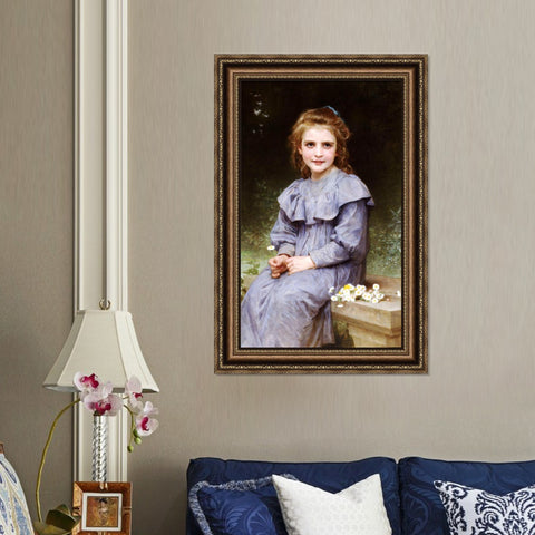 INVIN ART Framed Canvas Art Giclee Print Seated girl with flower by William Adolphe Bouguereau Wall Art Living Room Home Office Decorations