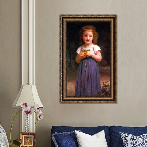 INVIN ART Framed Canvas Art Giclee Print Little Girl Holding Apples in her Hands by William Adolphe Bouguereau Wall Art Living Room Home Office Decorations