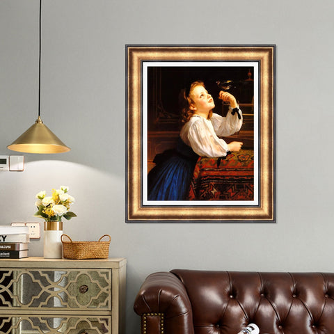 INVIN ART Framed Canvas Art Giclee Print Child with Bird by William Adolphe Bouguereau Wall Art Living Room Home Office Decorations