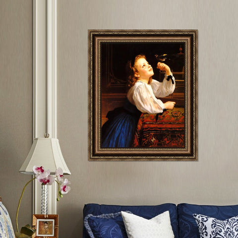 INVIN ART Framed Canvas Art Giclee Print Child with Bird by William Adolphe Bouguereau Wall Art Living Room Home Office Decorations