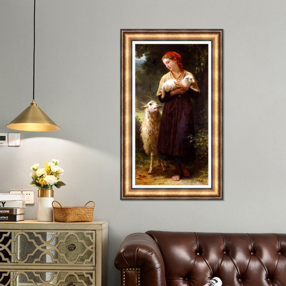 INVIN ART Framed Canvas Art Giclee Print The Newborn Lamb by William Adolphe Bouguereau Wall Art Living Room Home Office Decorations