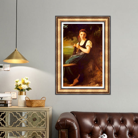 INVIN ART Framed Canvas Art Giclee Print The Knitting Girl by William Adolphe Bouguereau Wall Art Living Room Home Office Decorations