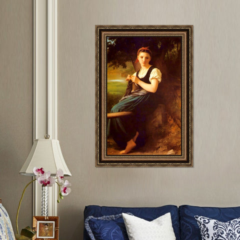 INVIN ART Framed Canvas Art Giclee Print The Knitting Girl by William Adolphe Bouguereau Wall Art Living Room Home Office Decorations