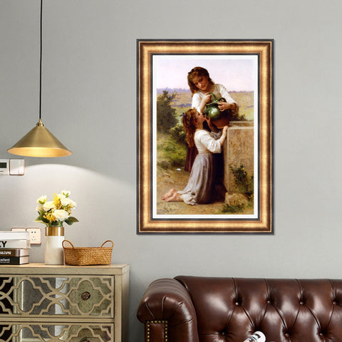 INVIN ART Framed Canvas Art Giclee Print At The Fountain by William Adolphe Bouguereau Wall Art Living Room Home Office Decorations
