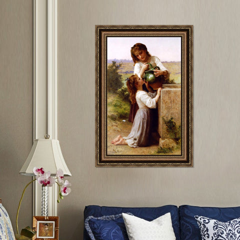 INVIN ART Framed Canvas Art Giclee Print At The Fountain by William Adolphe Bouguereau Wall Art Living Room Home Office Decorations