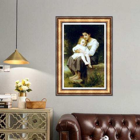INVIN ART Framed Canvas Art Giclee Print Big Sister by William Adolphe Bouguereau Wall Art Living Room Home Office Decorations