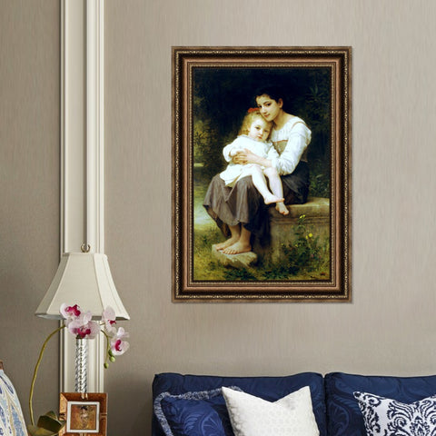 INVIN ART Framed Canvas Art Giclee Print Big Sister by William Adolphe Bouguereau Wall Art Living Room Home Office Decorations