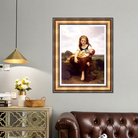 INVIN ART Framed Canvas Art Giclee Print The Elder Sister by William Adolphe Bouguereau Wall Art Living Room Home Office Decorations