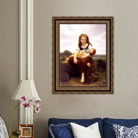 INVIN ART Framed Canvas Art Giclee Print The Elder Sister by William Adolphe Bouguereau Wall Art Living Room Home Office Decorations