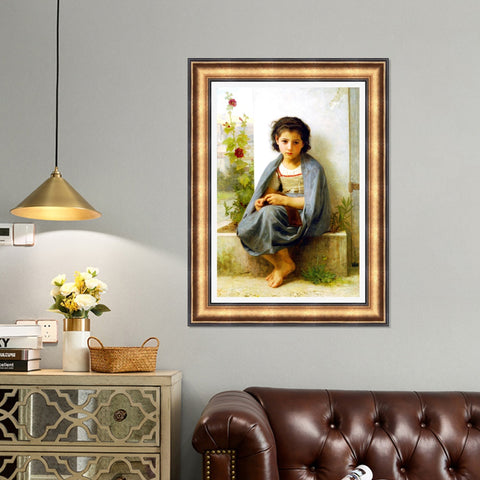 INVIN ART Framed Canvas Art Giclee Print The Little Knitter by William Adolphe Bouguereau Wall Art Living Room Home Office Decorations