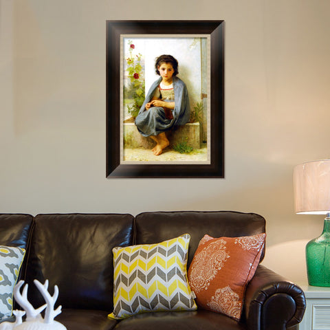 INVIN ART Framed Canvas Art Giclee Print The Little Knitter by William Adolphe Bouguereau Wall Art Living Room Home Office Decorations