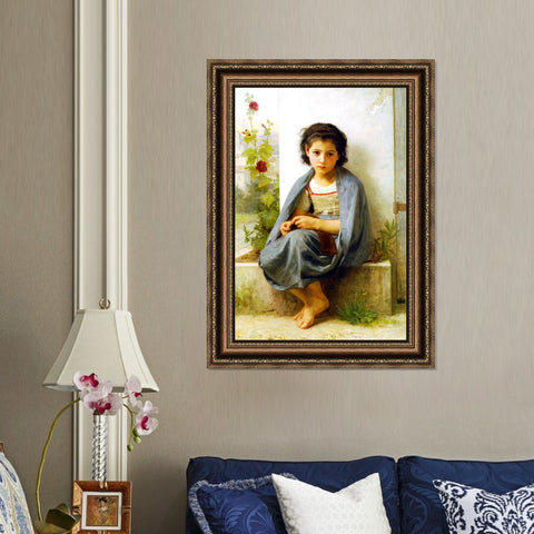 INVIN ART Framed Canvas Art Giclee Print The Little Knitter by William Adolphe Bouguereau Wall Art Living Room Home Office Decorations