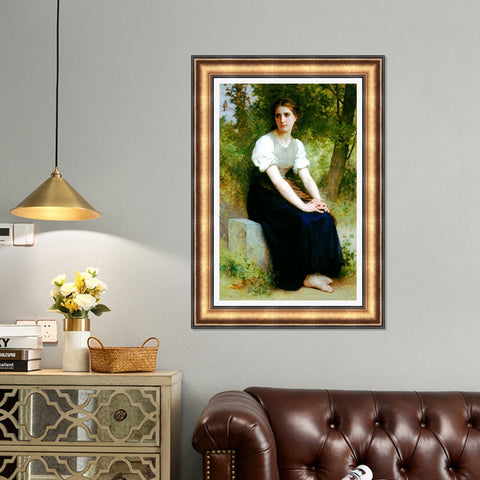 INVIN ART Framed Canvas Art Giclee Print Young Woman Sitting on a Stone Slab#101 by William Adolphe Bouguereau Wall Art Living Room Home Office Decorations
