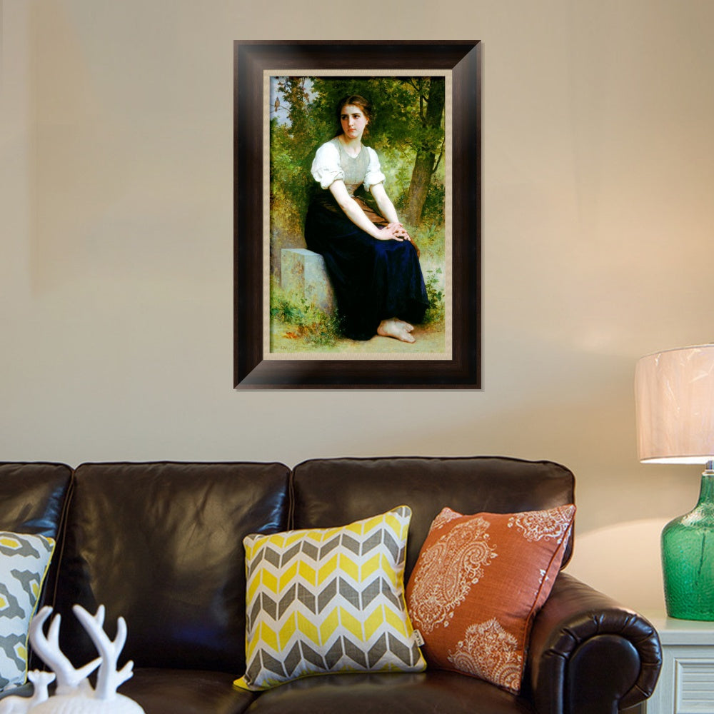 INVIN ART Framed Canvas Art Giclee Print Young Woman Sitting on a Stone Slab#101 by William Adolphe Bouguereau Wall Art Living Room Home Office Decorations