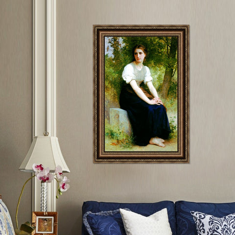 INVIN ART Framed Canvas Art Giclee Print Young Woman Sitting on a Stone Slab#101 by William Adolphe Bouguereau Wall Art Living Room Home Office Decorations