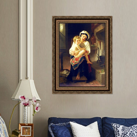 INVIN ART Framed Canvas Art Giclee Print Young Mother Gazing at Her Child by William Adolphe Bouguereau Wall Art Living Room Home Office Decorations