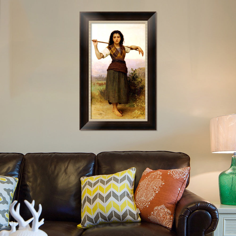 INVIN ART Framed Canvas Art Giclee Print The Shepherdess,1889 by William Adolphe Bouguereau Wall Art Living Room Home Office Decorations