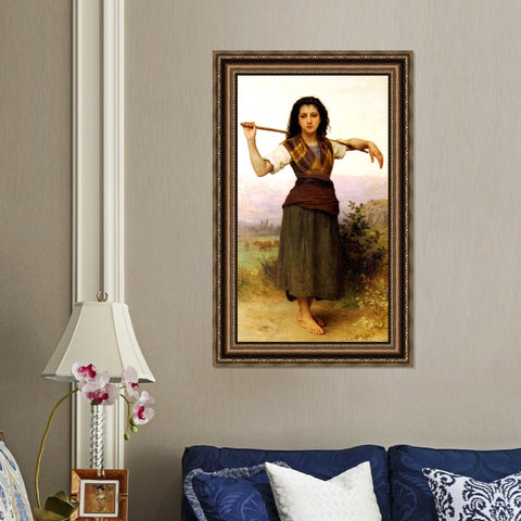 INVIN ART Framed Canvas Art Giclee Print The Shepherdess,1889 by William Adolphe Bouguereau Wall Art Living Room Home Office Decorations